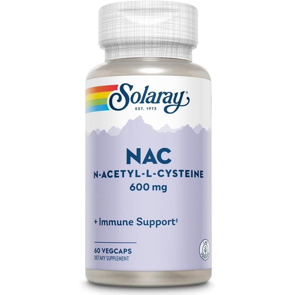 Solaray NAC 600 mg supplement bottle front view for antioxidant support.