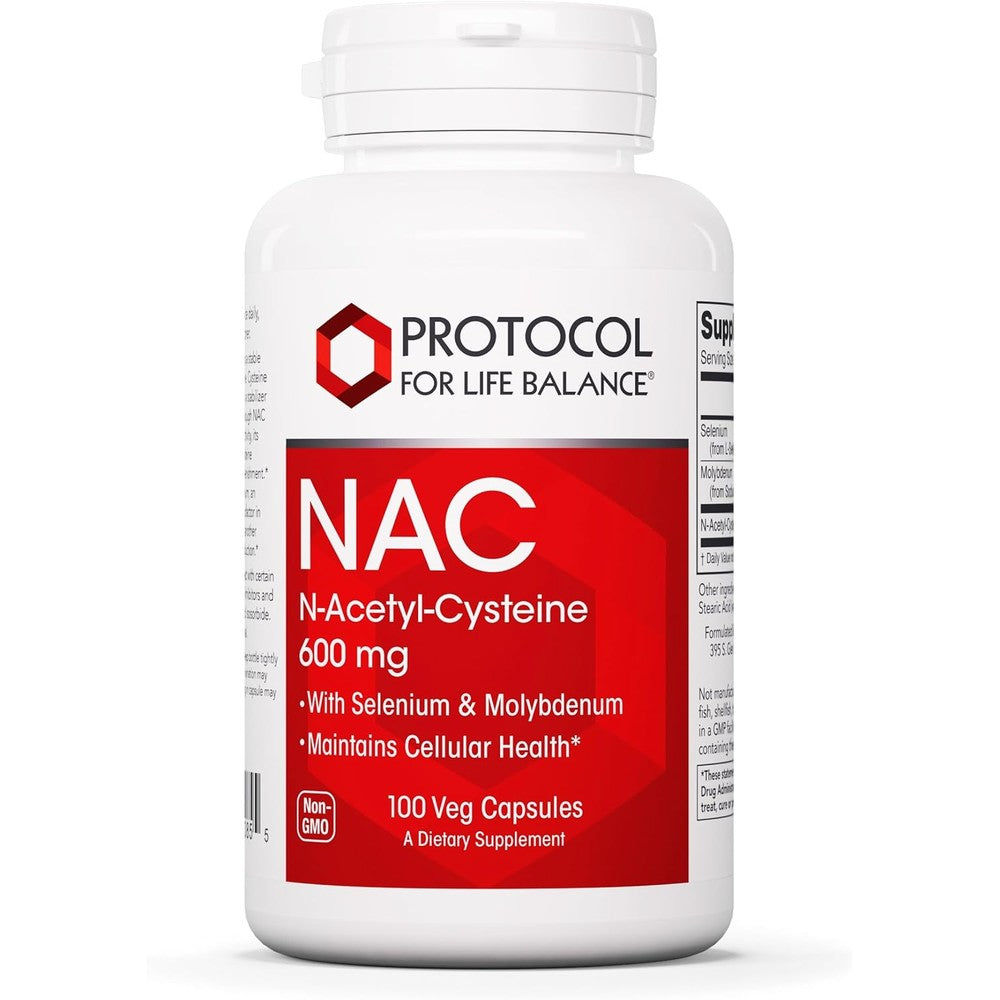 Protocol For Life Balance NAC 600 mg bottle front view for glutathione support.