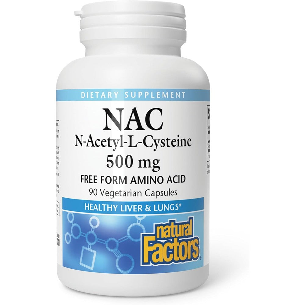 Natural Factors N-Acetyl-L-Cysteine 500 mg bottle front view showing liver and lung support