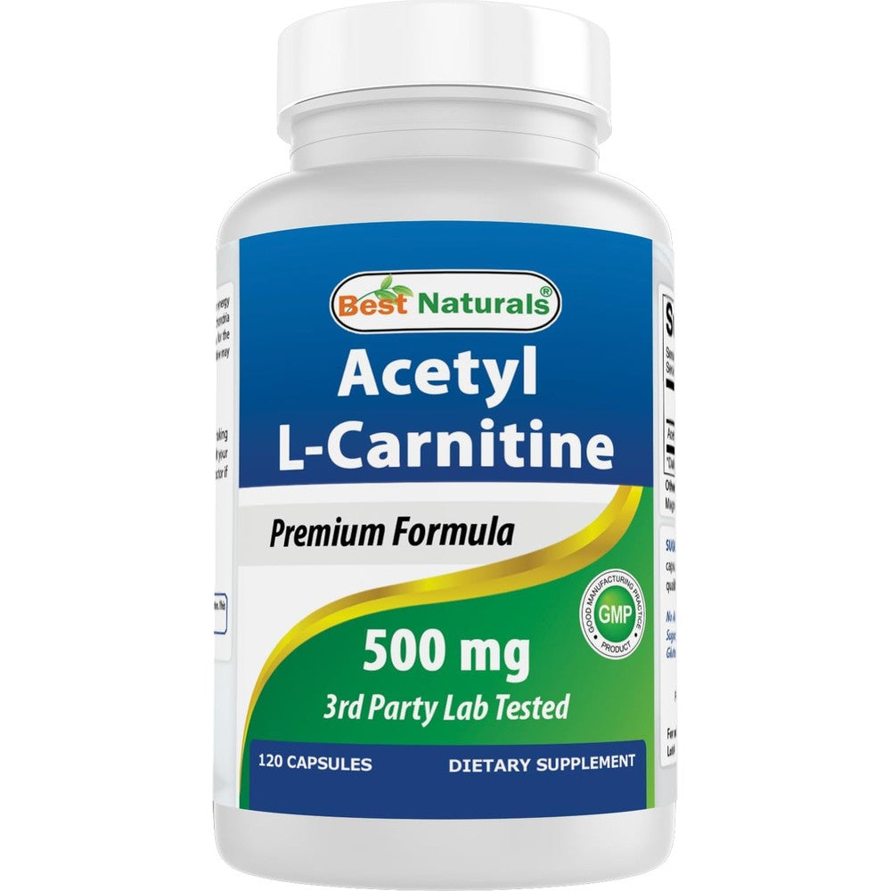 Best Naturals Acetyl L-Carnitine 500mg 120 Capsules front view for brain health.