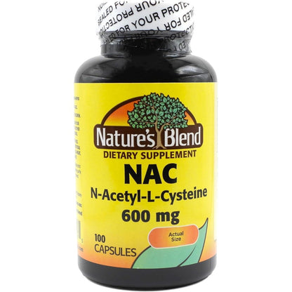 Nature's Blend NAC 600mg 100 capsules front label view for immune support.
