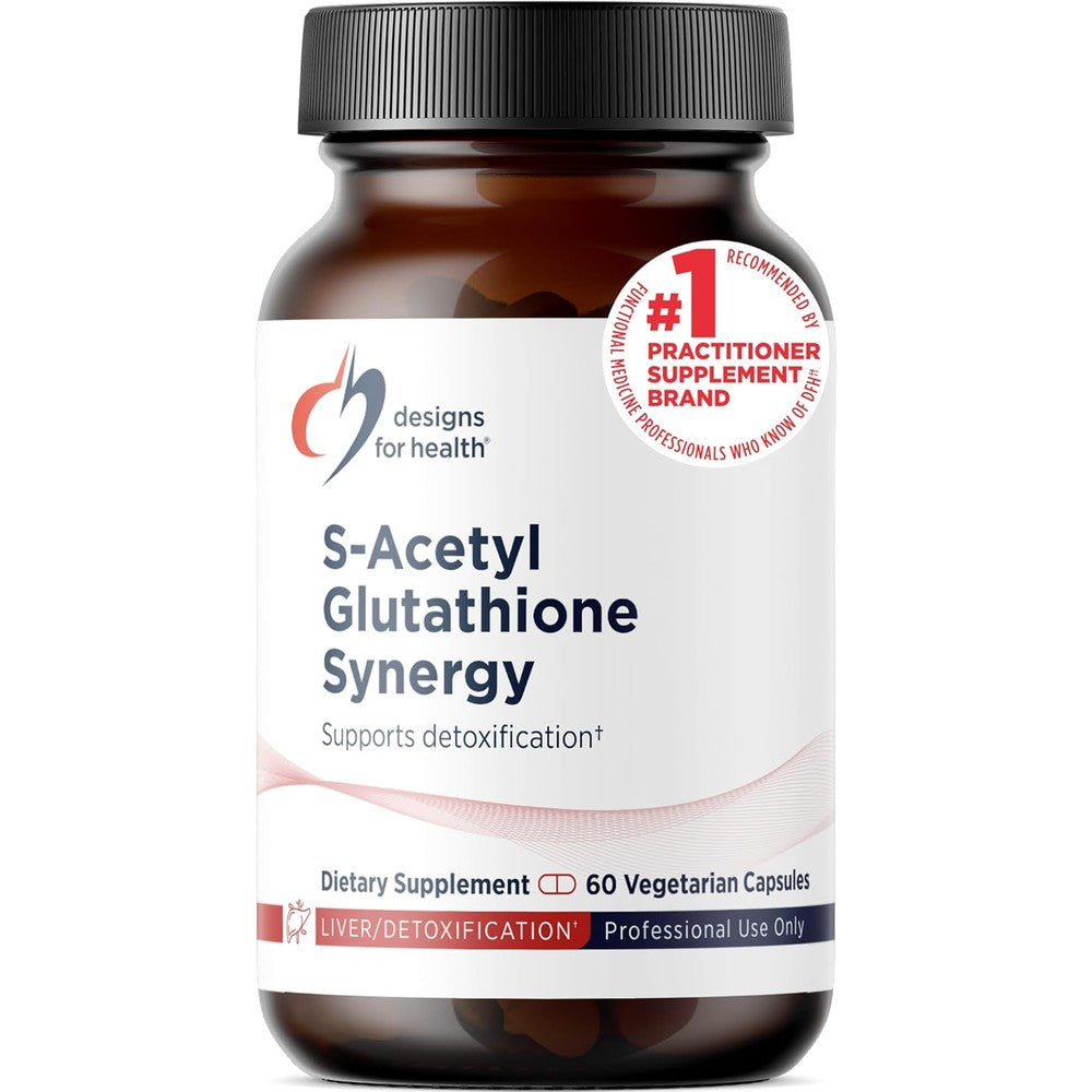 Designs for Health S-Acetyl Glutathione Synergy bottle front view showing 60 vegetarian capsules for cellular detoxification