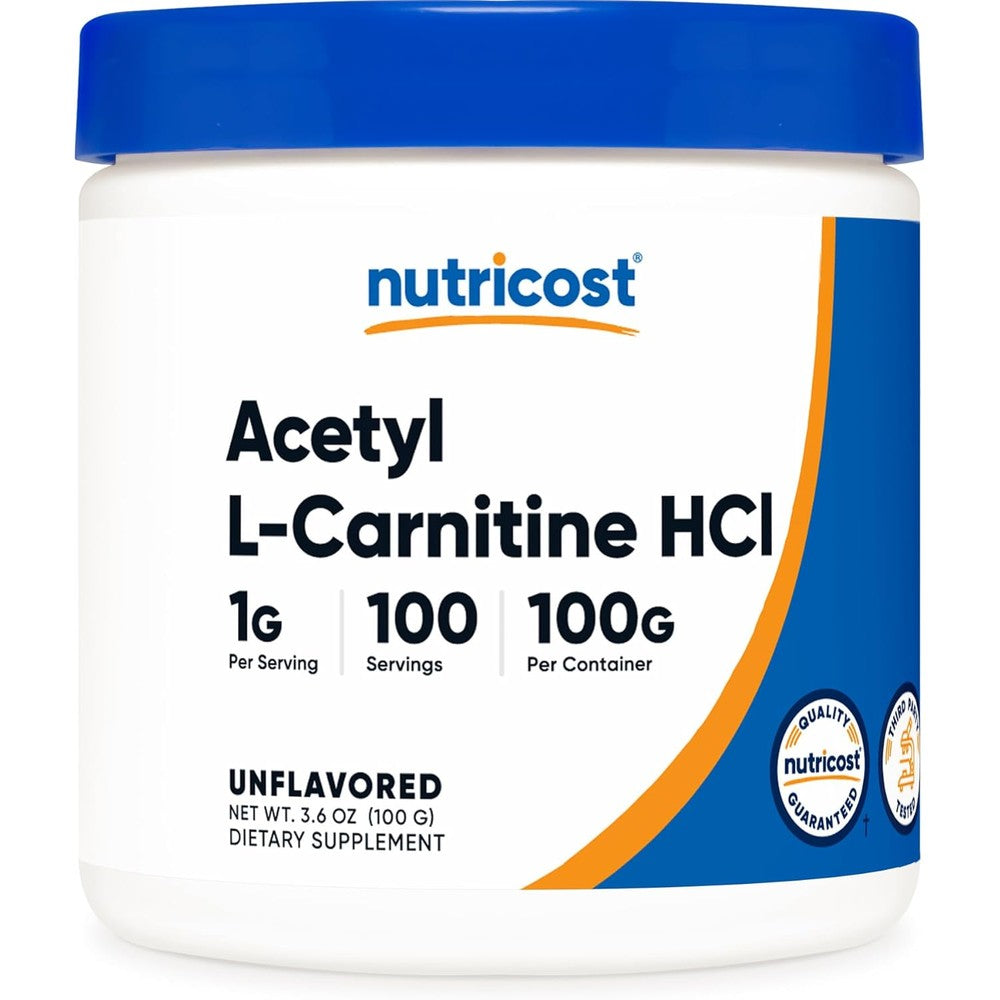 Nutricost Acetyl L-Carnitine HCL ALCAR powder front view for cognitive focus.