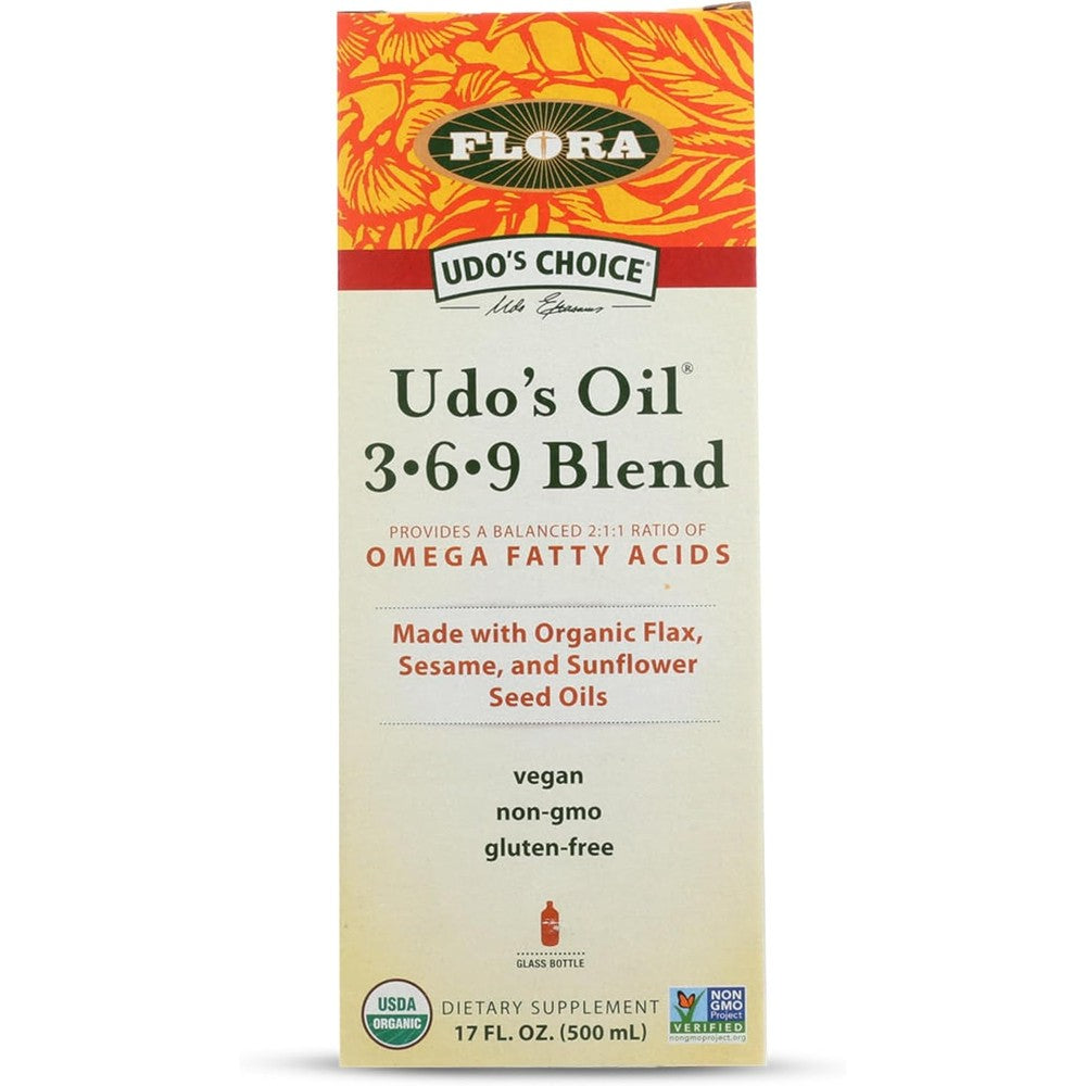 Flora Udo's Choice Omega 369 Oil Blend 17 fluid ounce front view for vegan wellness.