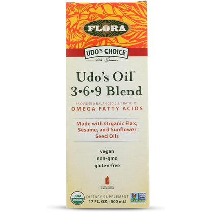 Flora Udo's Choice Omega 369 Oil Blend 17 fluid ounce front view for vegan wellness.