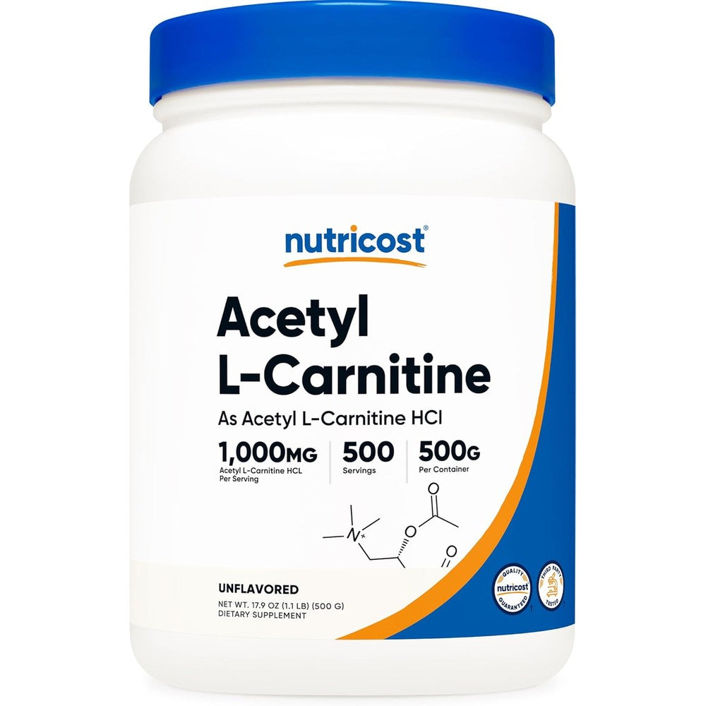 Nutricost Acetyl L-Carnitine ALCAR Powder 500g front view for brain support
