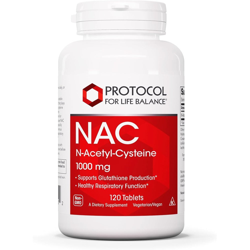Protocol For Life Balance NAC 1000mg 120 tablets front view for antioxidant support.