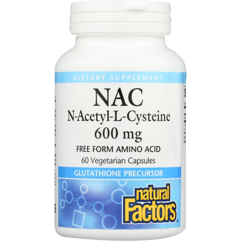 Natural Factors N-Acetyl-L-Cysteine 600 mg bottle front view for antioxidant support.