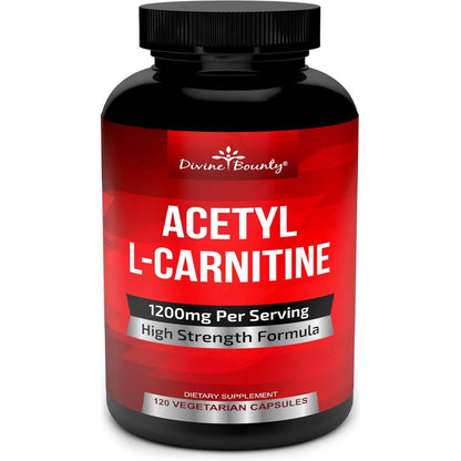 Divine Bounty Acetyl L-Carnitine 1200mg bottle front view for cognitive support.