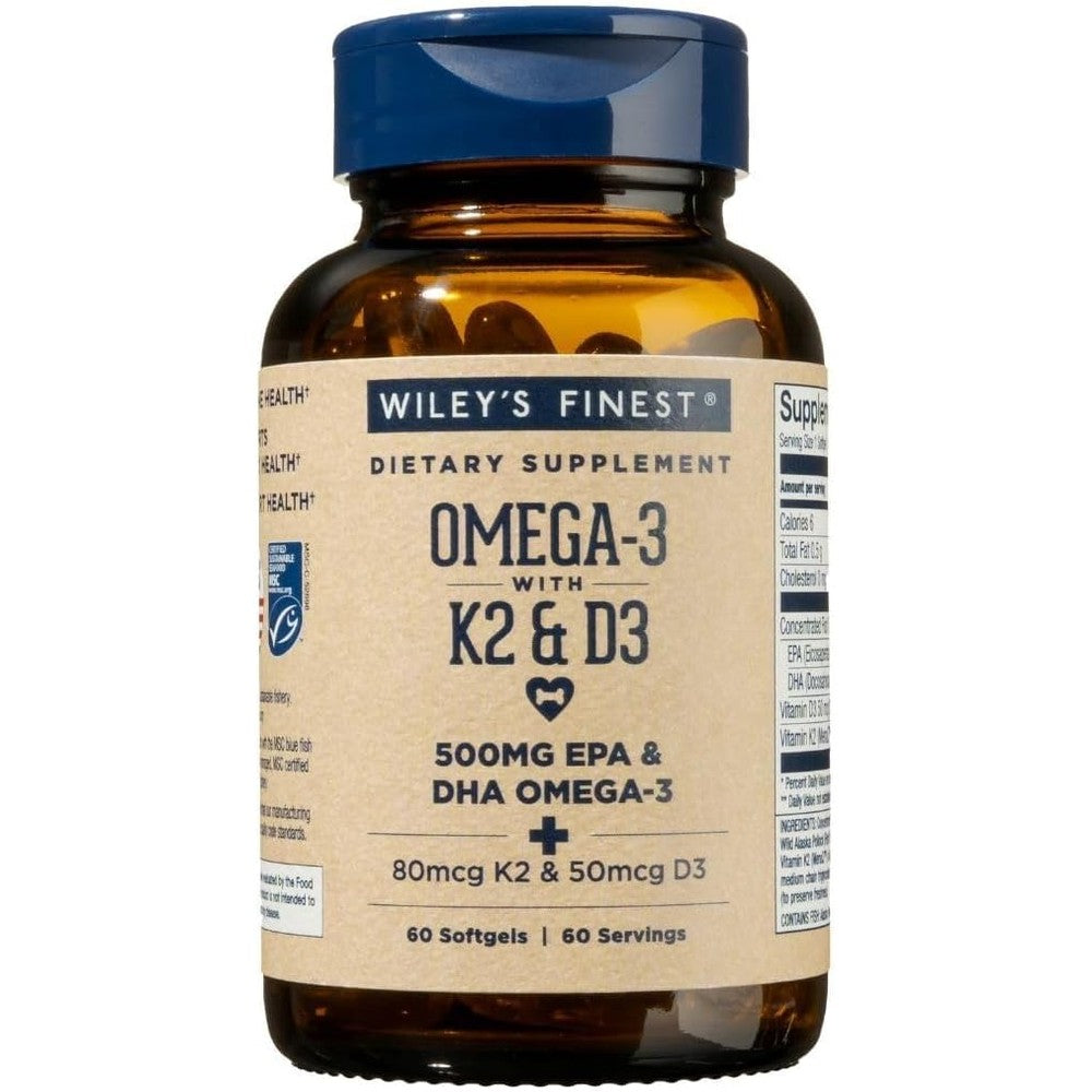 Wiley's Finest Wild Alaskan Fish Oil Vitamin K2 D3 front view supplement bottle