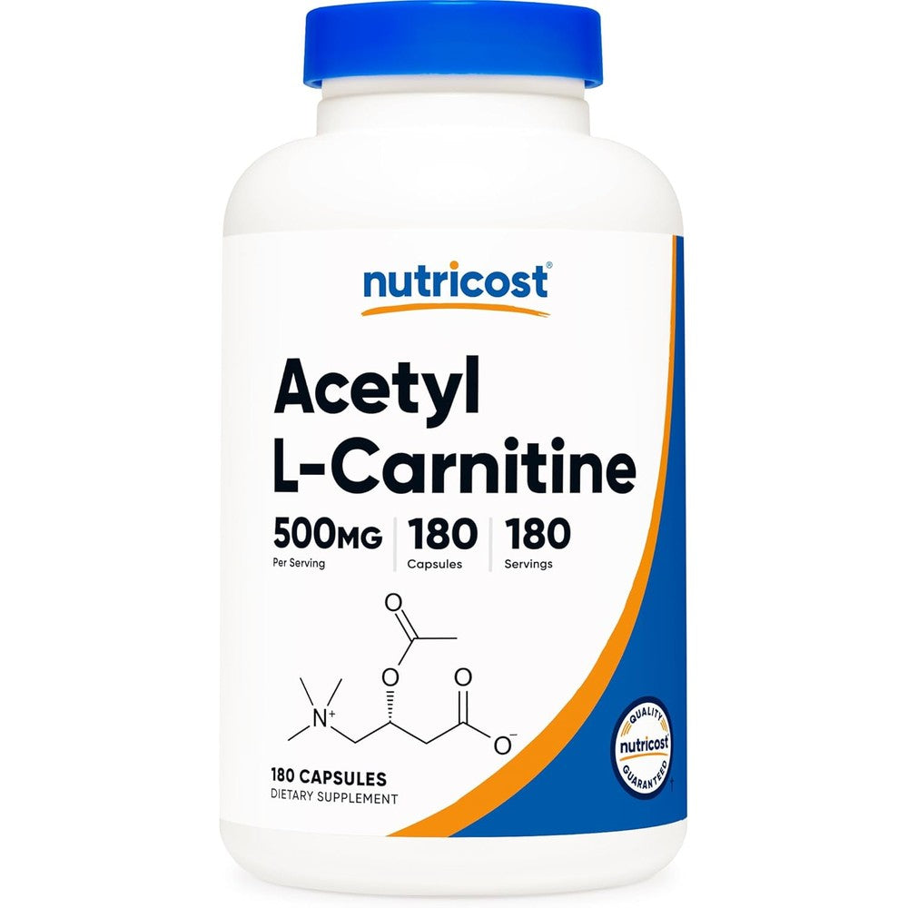 Nutricost Acetyl L-Carnitine ALCAR 500mg 180 Capsules bottle front view dietary supplement
