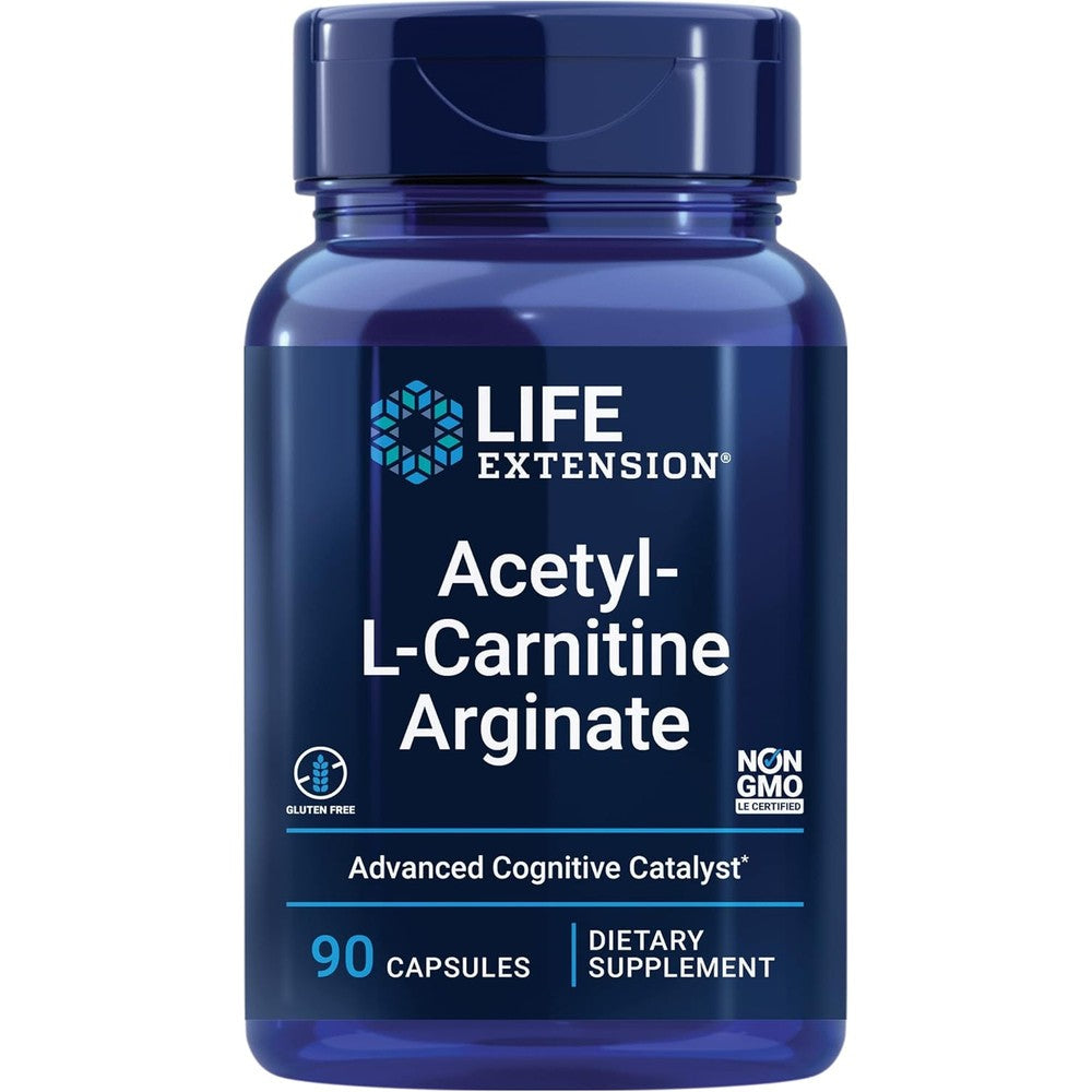 Life Extension Acetyl-L-Carnitine Arginate 90 Capsules front label view for brain health.