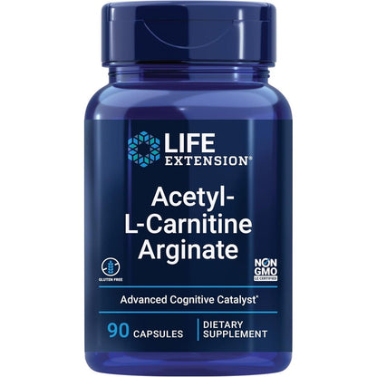 Life Extension Acetyl-L-Carnitine Arginate 90 Capsules front label view for brain health.