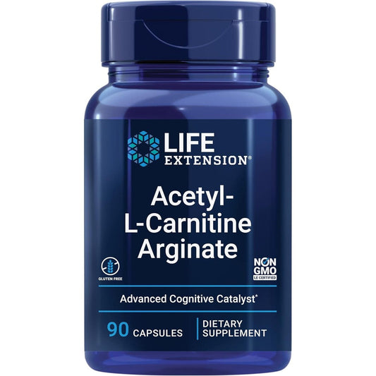 Life Extension Acetyl-L-Carnitine Arginate 90 Capsules front label view for brain health.