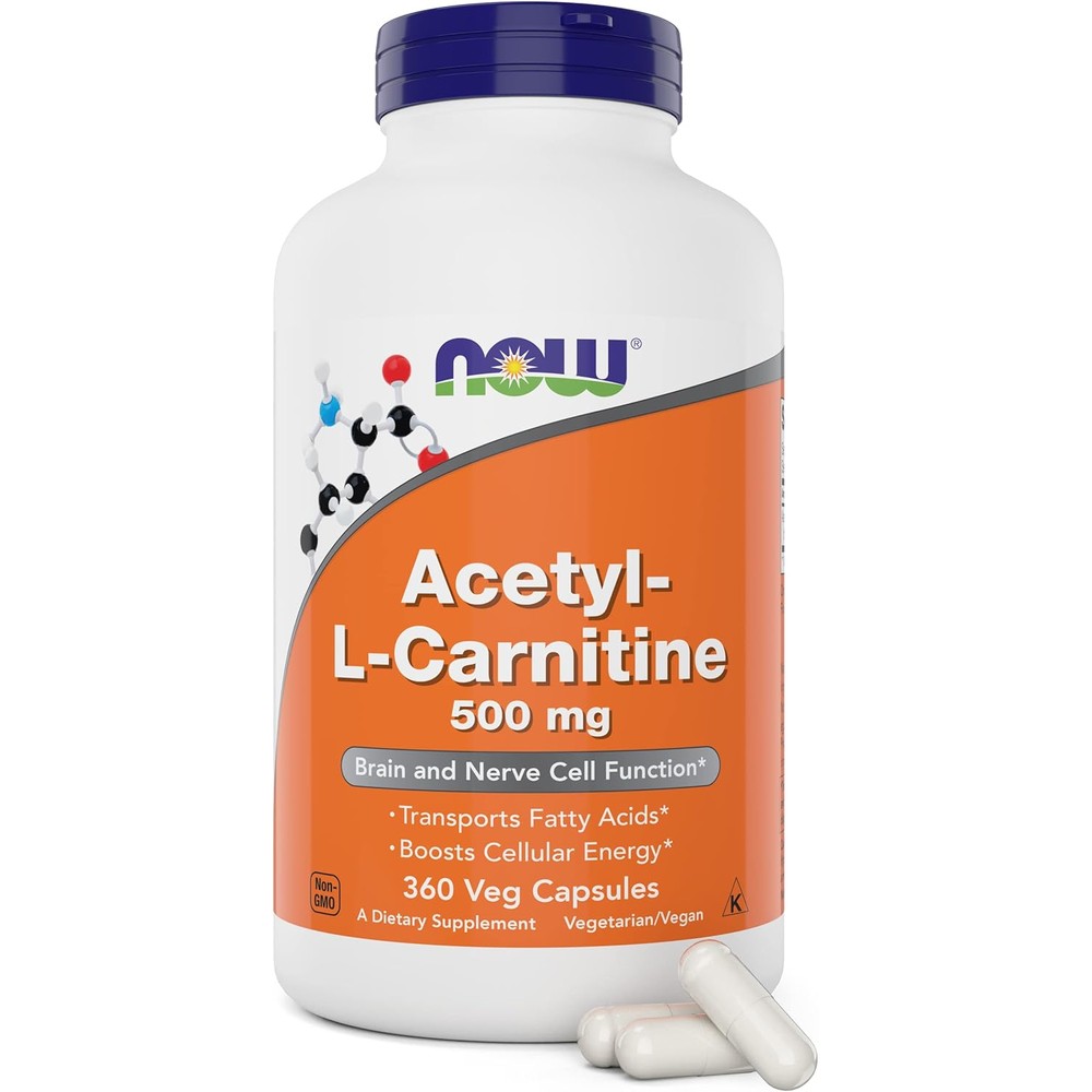 NOW Foods Acetyl L Carnitine 500mg 360 Veg Capsules front view bottle for cognitive health.