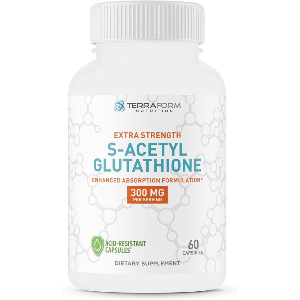 TerraForm Nutrition Extra Strength S-Acetyl Glutathione 300mg bottle front view for antioxidant support.