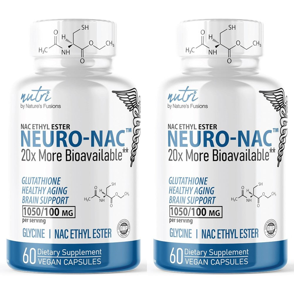 Nature's Fusions Neuro NAC supplement front view showing twin pack bottles for cellular health.