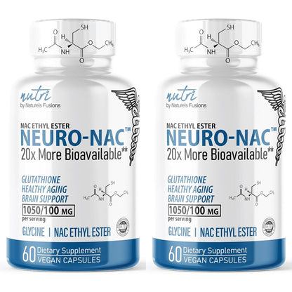 Nature's Fusions Neuro NAC supplement front view showing twin pack bottles for cellular health.