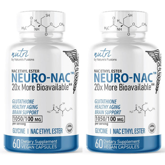 Nature's Fusions Neuro NAC supplement front view showing twin pack bottles for cellular health.