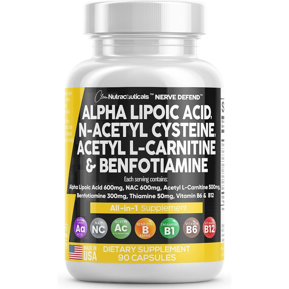 Clean Nutraceuticals Nerve Defend front view bottle packaging with key ingredient callouts.