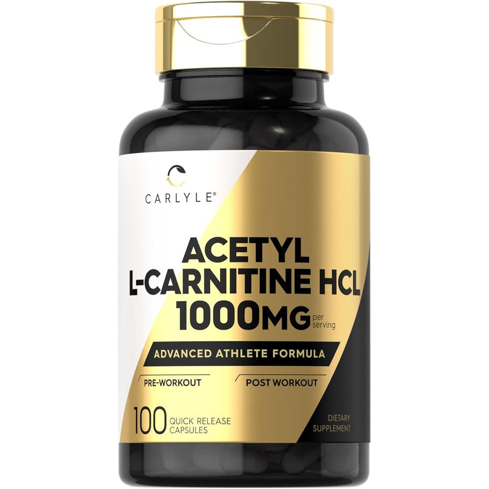 Carlyle Acetyl L-Carnitine HCL 1000mg 100 capsules front view of premium pre-workout supplement bottle