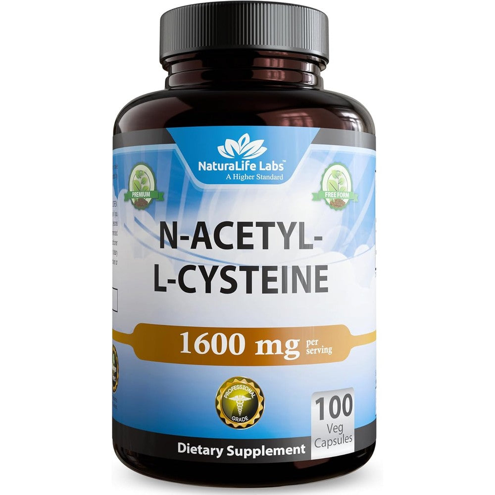 NaturaLife Labs N-Acetyl-L-Cysteine bottle front view showing capsule count and dosage.