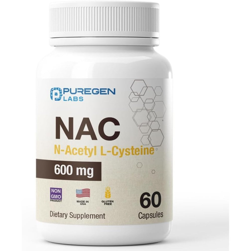 Puregen Labs N-Acetyl-L-Cysteine 600mg front view bottle for premium antioxidant support.