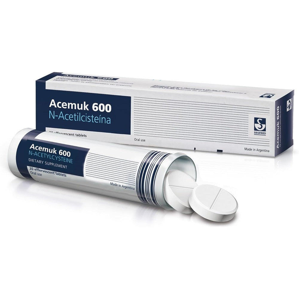 Acemuk N-Acetylcysteine NAC 600 mg front packaging view showing 20 effervescent tablets for respiratory support