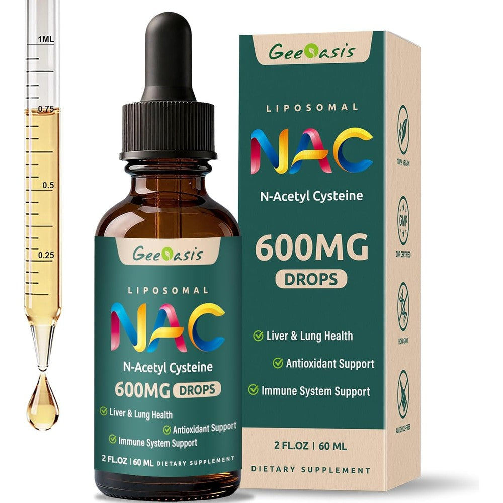 Geeoasis Liposomal Liquid NAC Supplement front view showing the 2 fluid ounce dropper bottle.