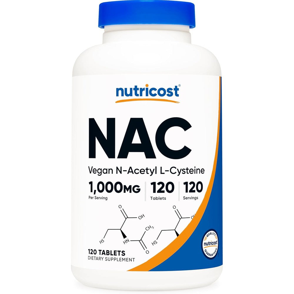 Nutricost N-Acetyl L-Cysteine 1000 mg front view bottle showcasing vegan antioxidant supplement.
