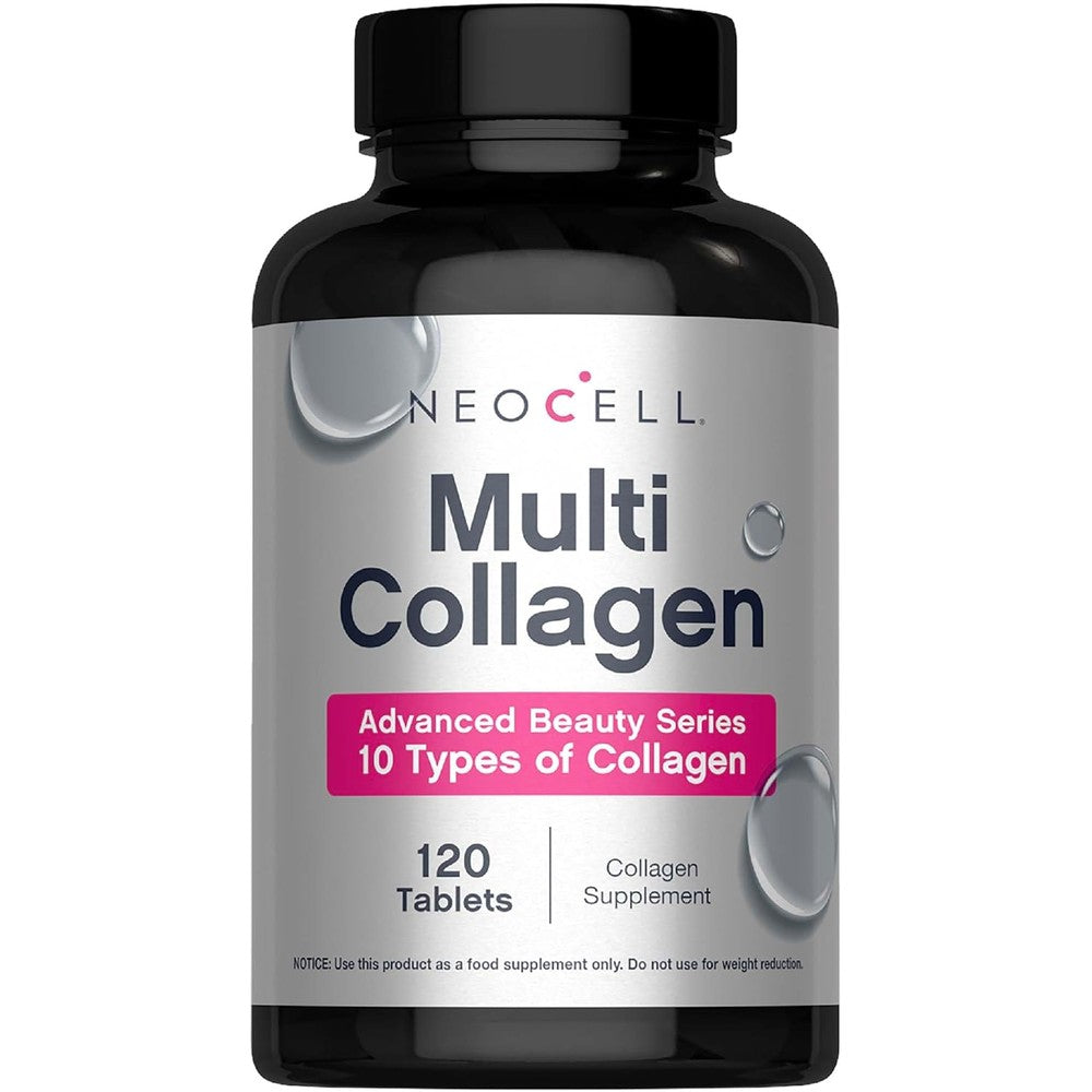 NeoCell Super Multi Collagen Peptides 120 tablets front view bottle packaging showing advanced beauty series label