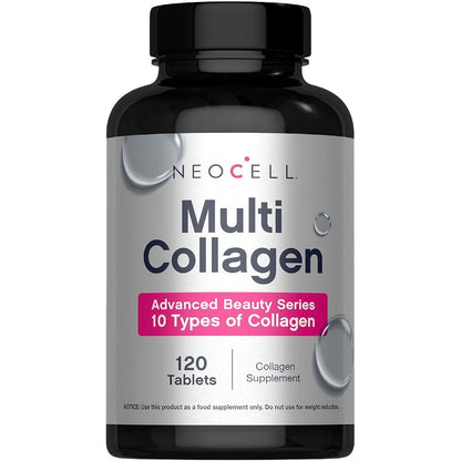 NeoCell Super Multi Collagen Peptides 120 tablets front view bottle packaging showing advanced beauty series label