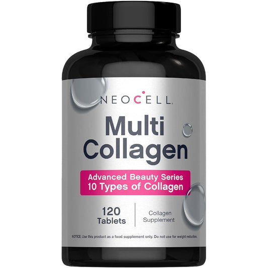 NeoCell Super Multi Collagen Peptides 120 tablets front view bottle packaging showing advanced beauty series label