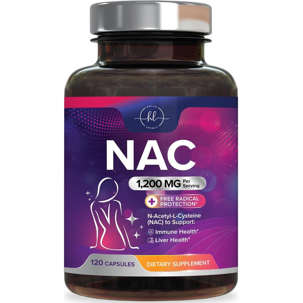 Hello Lovely NAC supplement 1200mg front view bottle for antioxidant support