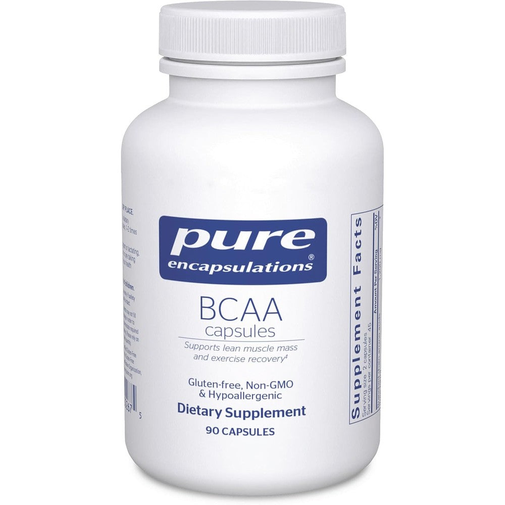 Pure Encapsulations BCAA capsules bottle front view showing product branding and count.
