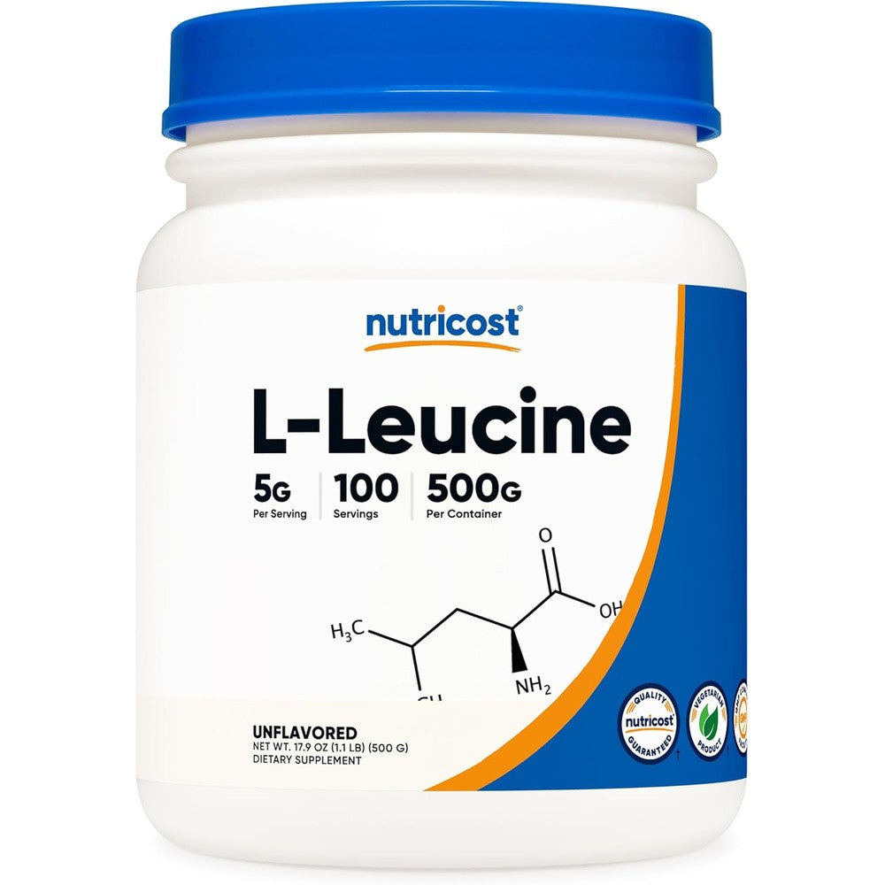 Nutricost Pure L-Leucine Powder front view packaging bottle