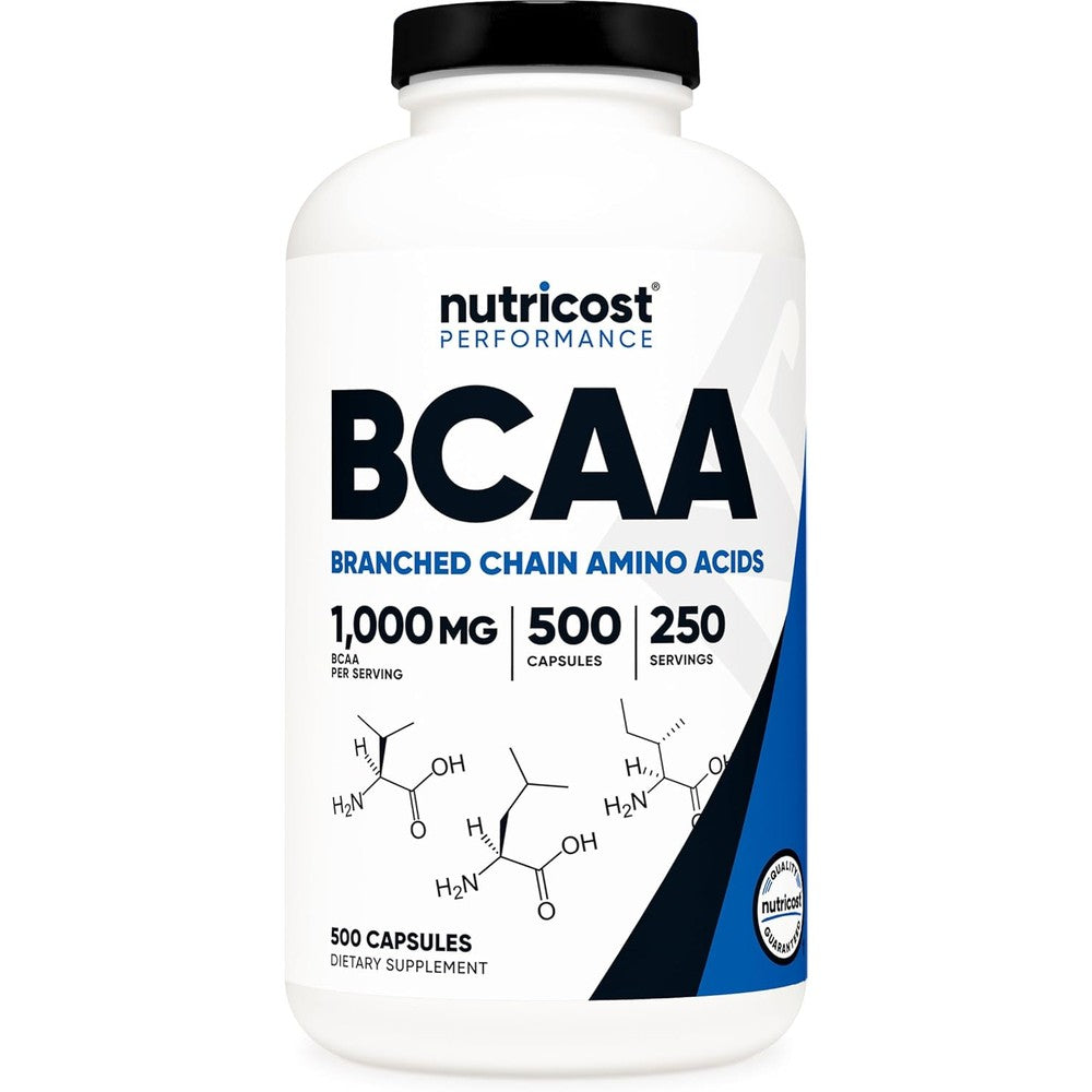 Nutricost BCAA 1000mg 500 Capsules front view supplement bottle