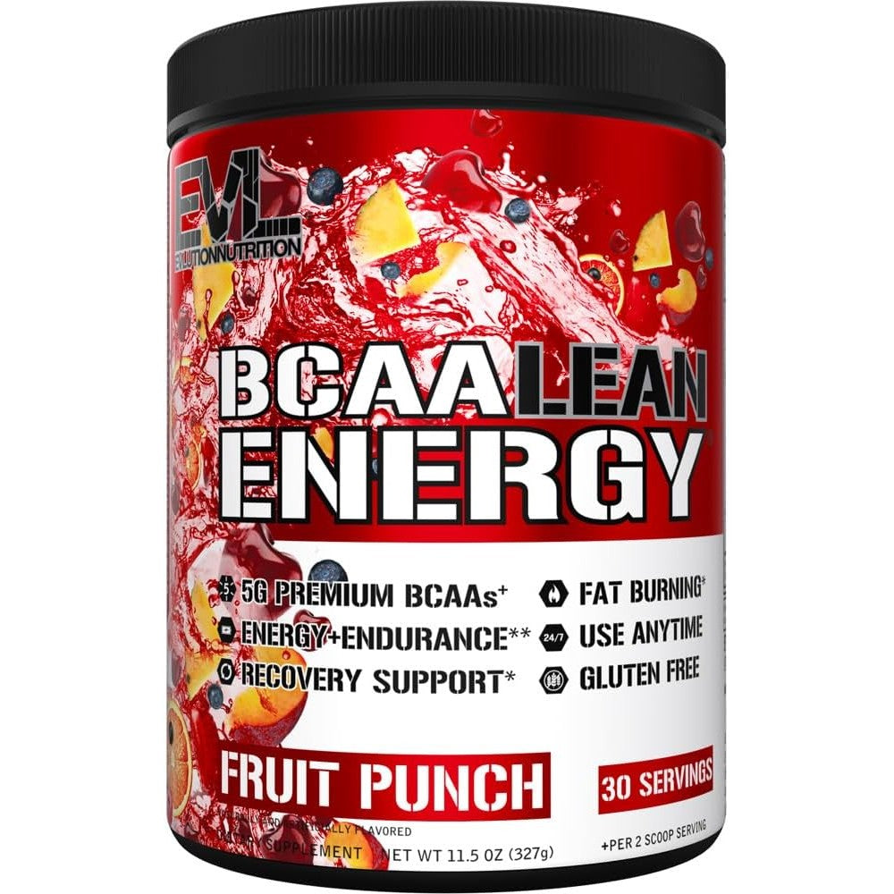 Evlution Nutrition BCAA Lean Energy Fruit Punch tub front view for muscle recovery.