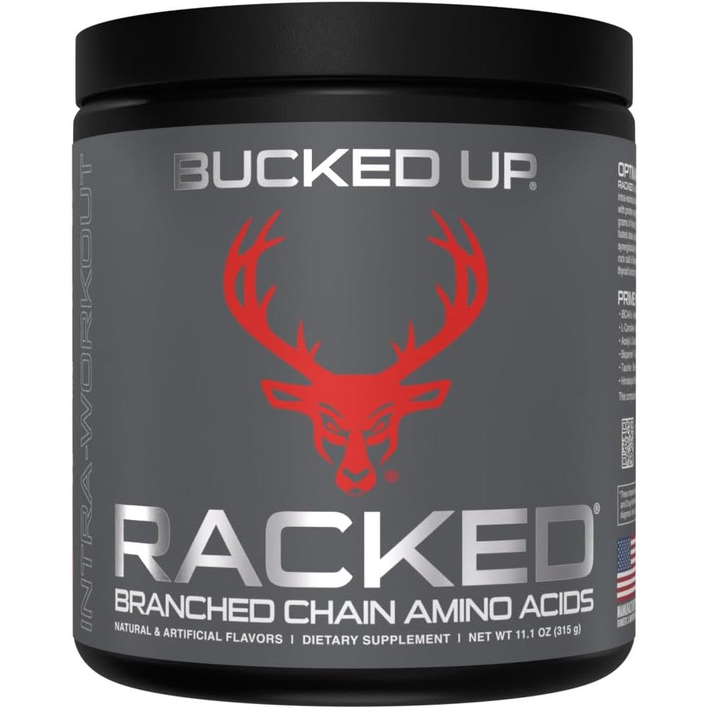 Bucked Up Racked BCAA powder tub front view for muscle recovery.