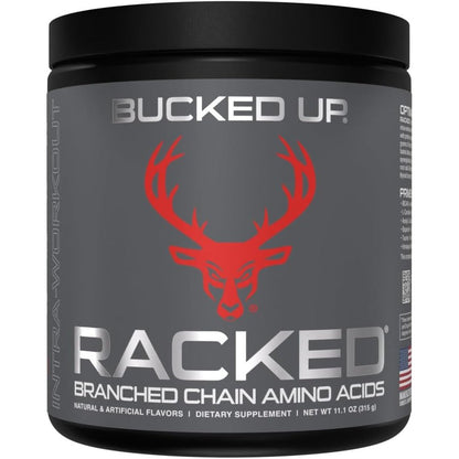 Bucked Up Racked BCAA powder tub front view for muscle recovery.