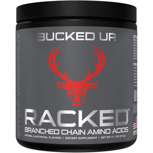 Bucked Up Racked BCAA powder tub front view for muscle recovery.