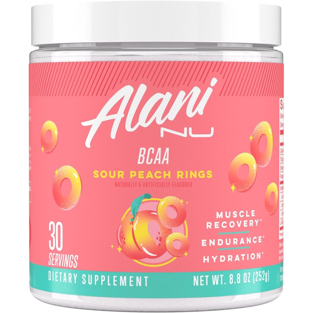 Alani Nu BCAA Sour Peach Ring front view powder container