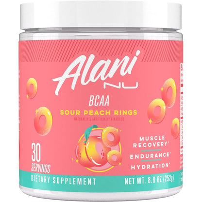 Alani Nu BCAA Sour Peach Ring front view muscle recovery supplement