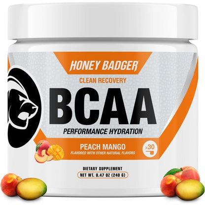 Honey Badger BCAA and EAA Amino Acids Powder Peach Mango front container view for muscle recovery.