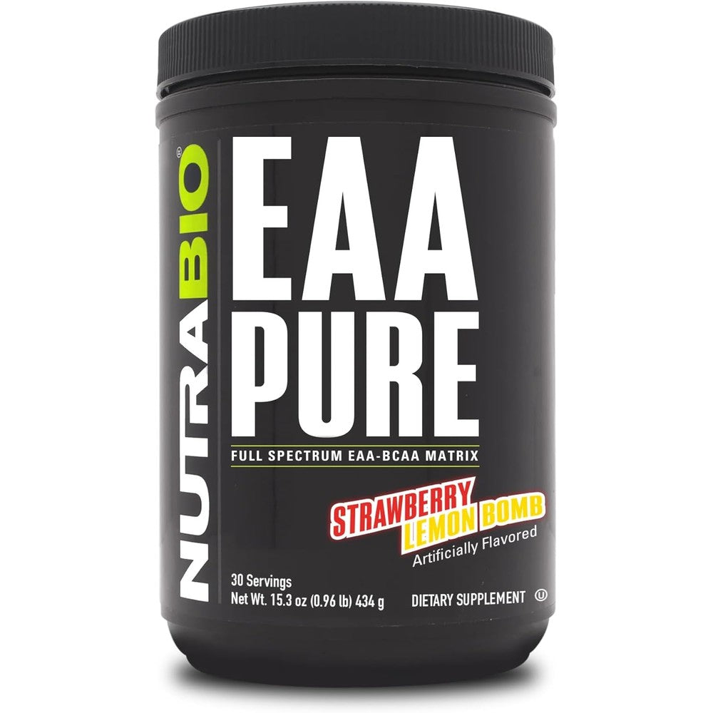 NutraBio EAA Pure Strawberry Lemon Bomb front view amino acid supplement