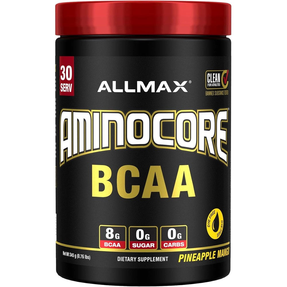 Allmax Nutrition Aminocore BCAA powder Pineapple Mango front view container
