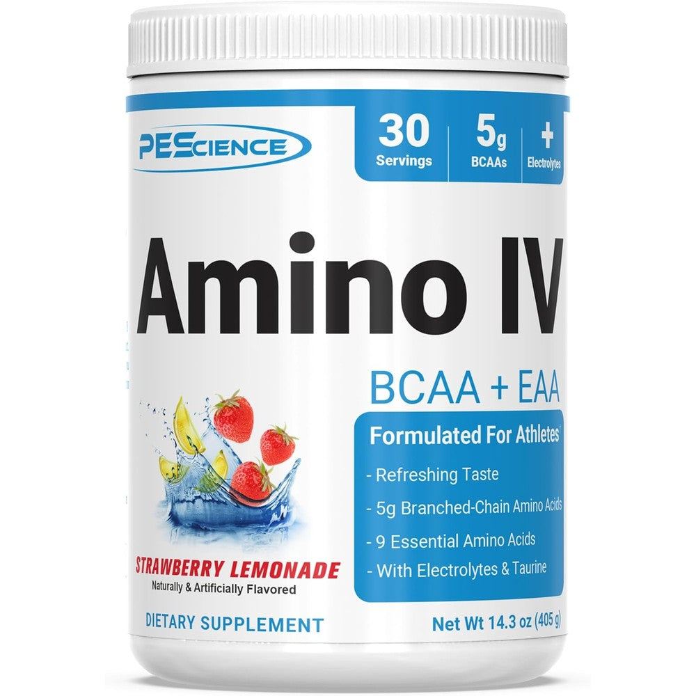 PEScience Amino IV Strawberry Lemonade front view bottle container