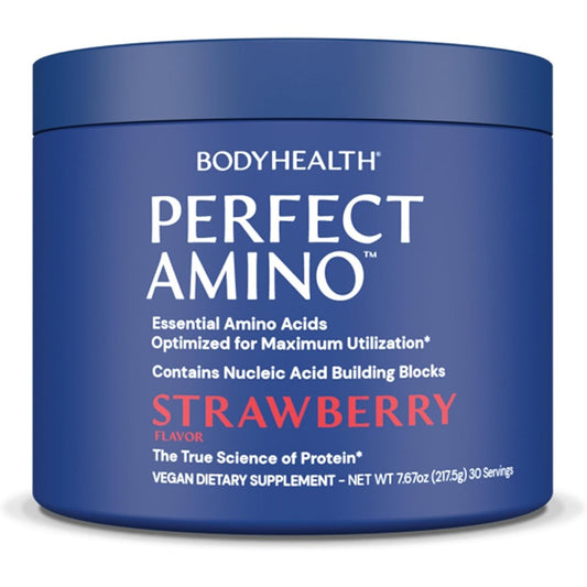 BodyHealth PerfectAmino Powder strawberry flavor tub front view