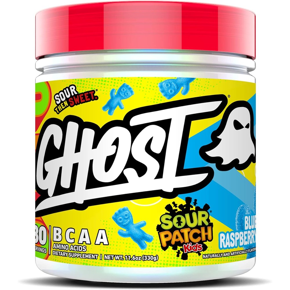 Ghost BCAA powder Sour Patch Kids Blue Raspberry front view supplement container