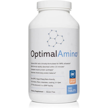 OptimalAmino 300 count essential amino acid tablets front view